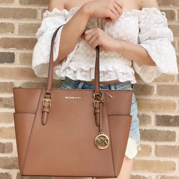 Michael Kors Handbags - Michael Kors Charlotte Ciara Large Top Zip Tote Luggage Saffiano Leather